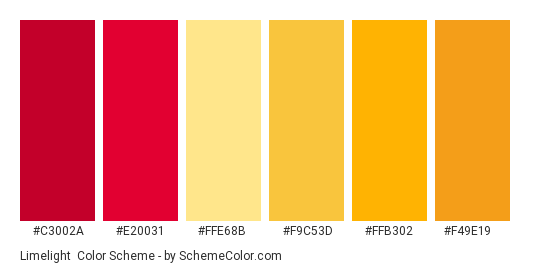 Limelight - Color scheme palette thumbnail - #c3002a #e20031 #ffe68b #f9c53d #ffb302 #f49e19 