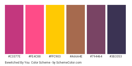 Bewitched by You - Color scheme palette thumbnail - #c3377e #fe4c88 #ffc903 #a66a4e #794464 #3b3353 