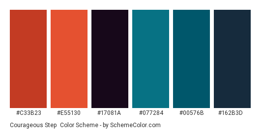 Courageous Step - Color scheme palette thumbnail - #c33b23 #e55130 #17081a #077284 #00576b #162b3d 
