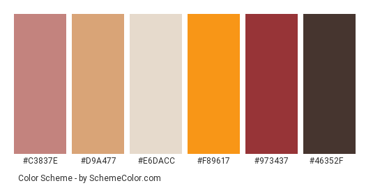 Leaves on a Wooden Table - Color scheme palette thumbnail - #c3837e #d9a477 #e6dacc #f89617 #973437 #46352f 