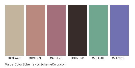 Value - Color scheme palette thumbnail - #c3b49d #b9897f #a36f7b #382c2b #70a68f #7171b1 
