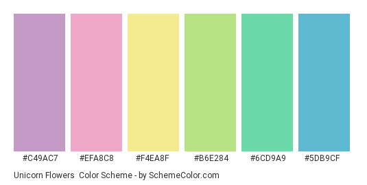 Unicorn Flowers - Color scheme palette thumbnail - #c49ac7 #efa8c8 #f4ea8f #b6e284 #6cd9a9 #5db9cf 