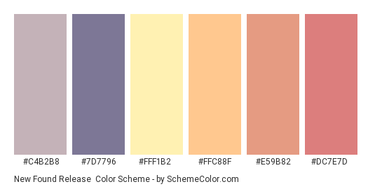 New Found Release - Color scheme palette thumbnail - #c4b2b8 #7d7796 #fff1b2 #ffc88f #e59b82 #dc7e7d 