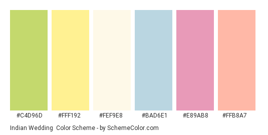 Indian Wedding - Color scheme palette thumbnail - #c4d96d #fff192 #fef9e8 #bad6e1 #e89ab8 #ffb8a7 