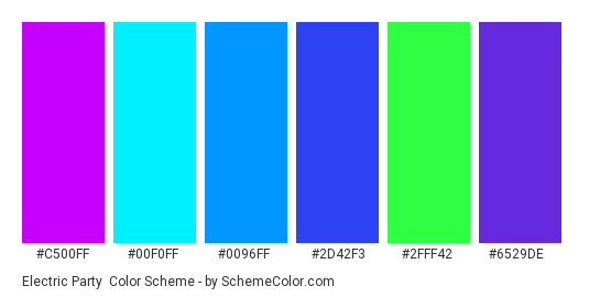 Electric Party - Color scheme palette thumbnail - #c500ff #00f0ff #0096ff #2d42f3 #2fff42 #6529de 
