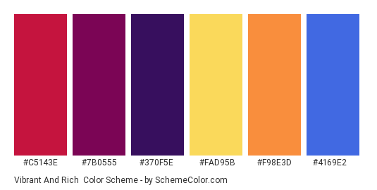 Vibrant and Rich - Color scheme palette thumbnail - #c5143e #7b0555 #370f5e #fad95b #f98e3d #4169e2 
