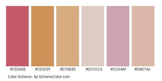 Blanket of Leaves - Color scheme palette thumbnail - #c55a6b #ce9259 #d7ab80 #dcccc4 #cca4af #dab7a6 