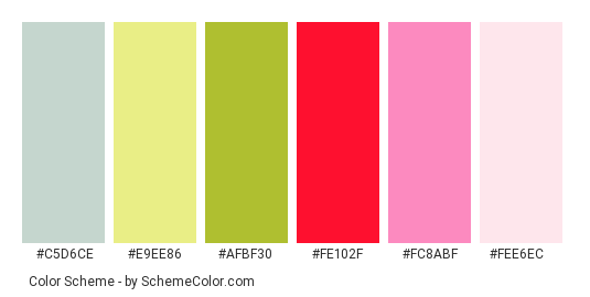 Pink Paper Flower - Color scheme palette thumbnail - #c5d6ce #e9ee86 #afbf30 #fe102f #fc8abf #fee6ec 