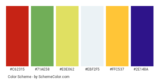 Indian Culture - Color scheme palette thumbnail - #c62315 #71ae58 #e0e062 #ebf2f5 #ffc537 #2e148a 