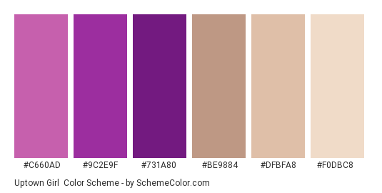 Uptown Girl - Color scheme palette thumbnail - #c660ad #9c2e9f #731a80 #be9884 #dfbfa8 #f0dbc8 