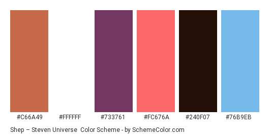 Shep – Steven Universe - Color scheme palette thumbnail - #c66a49 #ffffff #733761 #fc676a #240f07 #76b9eb 