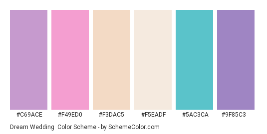 Dream Wedding - Color scheme palette thumbnail - #c69ace #f49ed0 #f3dac5 #f5eadf #5ac3ca #9f85c3 