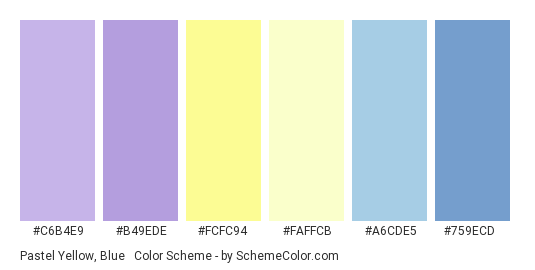 Pastel Yellow, Blue & Purple - Color scheme palette thumbnail - #c6b4e9 #b49ede #fcfc94 #faffcb #a6cde5 #759ecd 