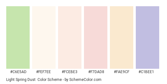 Light Spring Dust - Color scheme palette thumbnail - #c6e5ad #fef7ee #fcebe3 #f7dad8 #fae9cf #c1bee1 