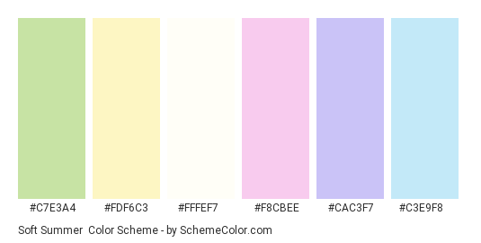 Soft Summer - Color scheme palette thumbnail - #c7e3a4 #fdf6c3 #fffef7 #f8cbee #cac3f7 #c3e9f8 