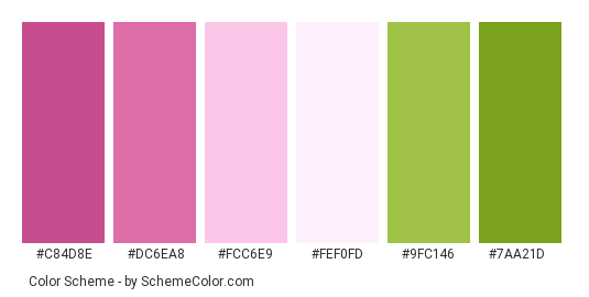 Pink Flowers of Spring - Color scheme palette thumbnail - #c84d8e #dc6ea8 #fcc6e9 #fef0fd #9fc146 #7aa21d 
