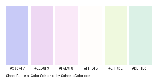 Sheer Pastels - Color scheme palette thumbnail - #c8caf7 #eed8f3 #fae9f8 #fffdfb #eff9de #dbf1e6 