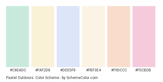 Pastel Outdoors - Color scheme palette thumbnail - #c8eadc #faf2d8 #dde5f8 #fbf3e4 #f9dccc #f5cbdb 