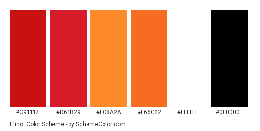 Elmo - Color scheme palette thumbnail - #c91112 #d61b29 #fc8a2a #f66c22 #ffffff #000000 