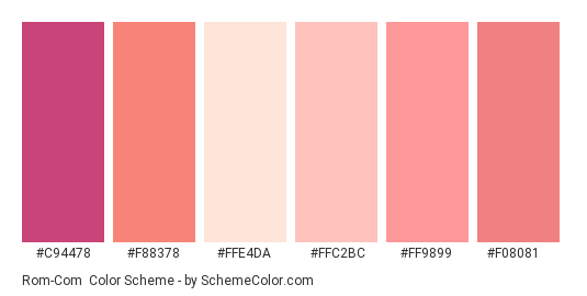 Rom-Com - Color scheme palette thumbnail - #c94478 #f88378 #ffe4da #ffc2bc #ff9899 #f08081 