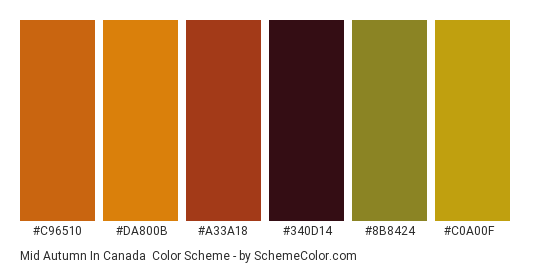 Mid Autumn in Canada - Color scheme palette thumbnail - #c96510 #da800b #a33a18 #340d14 #8b8424 #c0a00f 