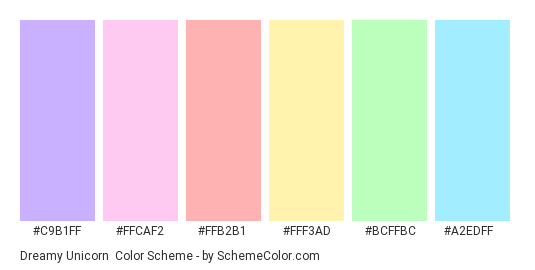 Dreamy Unicorn - Color scheme palette thumbnail - #c9b1ff #ffcaf2 #ffb2b1 #fff3ad #bcffbc #a2edff 