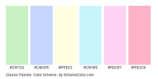 Classic Pastels - Color scheme palette thumbnail - #c9f1c6 #c4d5fe #fffee3 #c9f4fe #fed3f1 #ffb3c8 