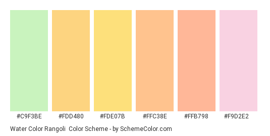 Water Color Rangoli - Color scheme palette thumbnail - #c9f3be #fdd480 #fde07b #ffc38e #ffb798 #f9d2e2 
