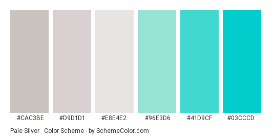 Pale Silver & Blue - Color scheme palette thumbnail - #cac3be #d9d1d1 #e8e4e2 #96e3d6 #41d9cf #03cccd 