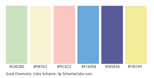 Good Chemistry - Color scheme palette thumbnail - #cae2be #f8f3d3 #fec6c2 #67a9db #585b9a #f3ec99 