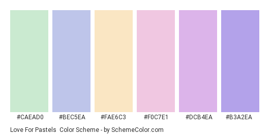 Love for Pastels - Color scheme palette thumbnail - #caead0 #BEC5EA #FAE6C3 #F0C7E1 #DCB4EA #b3a2ea 