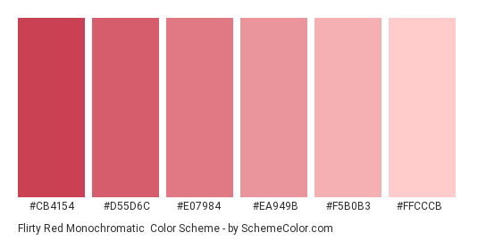 Flirty Red Monochromatic - Color scheme palette thumbnail - #cb4154 #d55d6c #e07984 #ea949b #f5b0b3 #ffcccb 