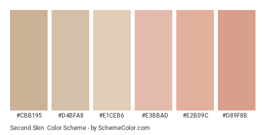 Second Skin - Color scheme palette thumbnail - #cbb195 #d4bfa8 #e1ceb6 #e3bbad #e2b09c #d89f8b 