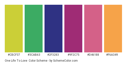 One Life to Love - Color scheme palette thumbnail - #cbcf37 #3cab63 #2f3283 #9f2c75 #d46188 #f6a349 