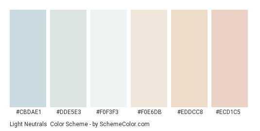 Light Neutrals - Color scheme palette thumbnail - #cbdae1 #dde5e3 #f0f3f3 #f0e6db #eddcc8 #ecd1c5 