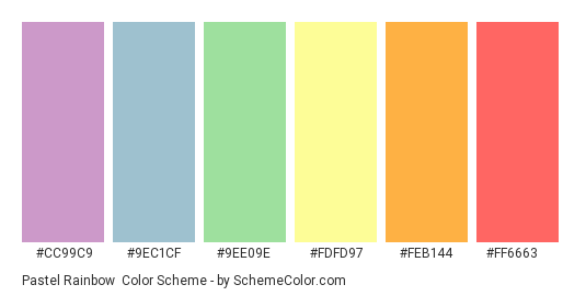 Pastel Rainbow - Color scheme palette thumbnail - #cc99c9 #9ec1cf #9ee09e #fdfd97 #feb144 #ff6663 