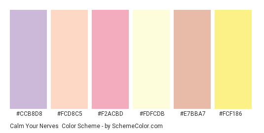 Calm your Nerves - Color scheme palette thumbnail - #ccb8d8 #fcd8c5 #f2acbd #fdfcdb #e7bba7 #fcf186 