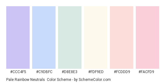 Pale Rainbow Neutrals - Color scheme palette thumbnail - #ccc4f5 #c9dbfc #d8e8e3 #fdf9ed #fcddd9 #facfd9 