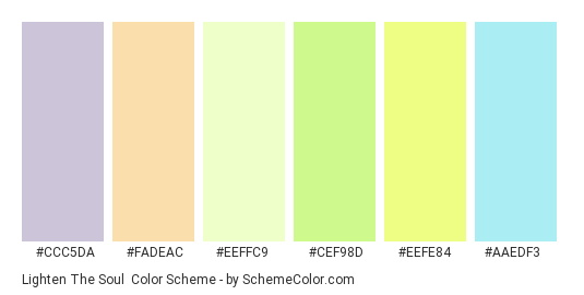 Lighten the Soul - Color scheme palette thumbnail - #ccc5da #fadeac #eeffc9 #cef98d #eefe84 #aaedf3 