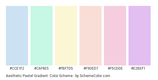 Aesthetic Pastel Gradient - Color scheme palette thumbnail - #cce1f2 #c6f8e5 #fbf7d5 #f9ded7 #f5cdde #e2bef1 