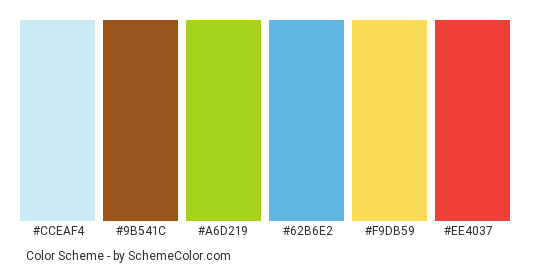 Beach background - Color scheme palette thumbnail - #cceaf4 #9b541c #a6d219 #62b6e2 #f9db59 #ee4037 