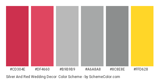Silver and Red Wedding Decor - Color scheme palette thumbnail - #cd304e #df4660 #b9b9b9 #a6a8a8 #8c8e8e #ffd628 