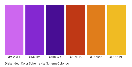 Disbanded - Color scheme palette thumbnail - #cd67ef #8428d1 #480d94 #bf3815 #e07d1b #f0bb23 