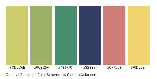 Creative Brilliance - Color scheme palette thumbnail - #cdcd6e #9cb266 #488f70 #323e64 #cf7d78 #f0d26e 
