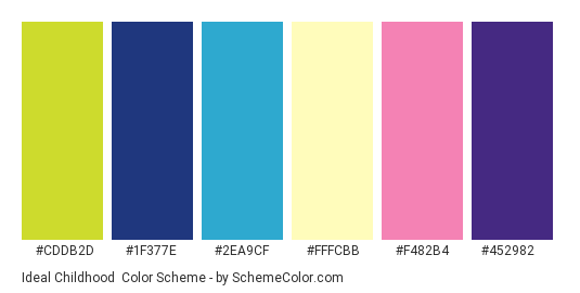 Ideal Childhood - Color scheme palette thumbnail - #cddb2d #1f377e #2ea9cf #fffcbb #f482b4 #452982 