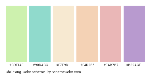 Chillaxing - Color scheme palette thumbnail - #cdf1ae #90dacc #f7e9d1 #f4d2b5 #eab7b7 #b89acf 