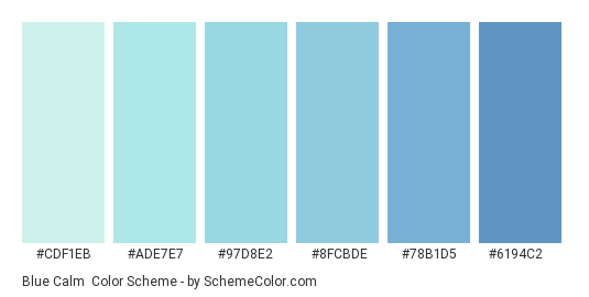Blue Calm - Color scheme palette thumbnail - #cdf1eb #ade7e7 #97d8e2 #8fcbde #78b1d5 #6194c2 