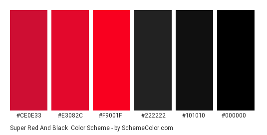 Super Red and Black - Color scheme palette thumbnail - #ce0e33 #e3082c #f9001f #222222 #101010 #000000 