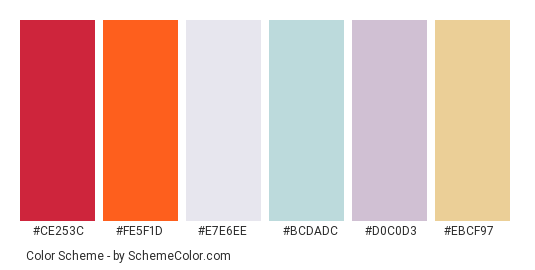Flowery Smile - Color scheme palette thumbnail - #ce253c #fe5f1d #e7e6ee #bcdadc #d0c0d3 #ebcf97 
