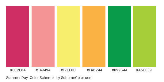 Summer Day - Color scheme palette thumbnail - #ce2e64 #f49494 #f7ee6d #fab244 #099b4a #a5ce39 